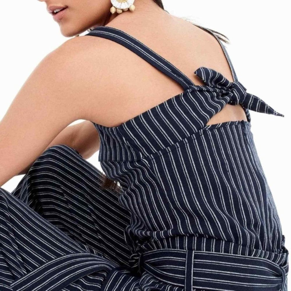 J. Crew Point Sur Freddie Navy‎ Blue Pinstriped Back Bow Linen Blend Top sz 4